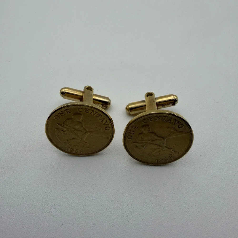 Vintage Philippines 1958 One Centavo Coin Cufflinks Gold Tone Mens Jewelry
